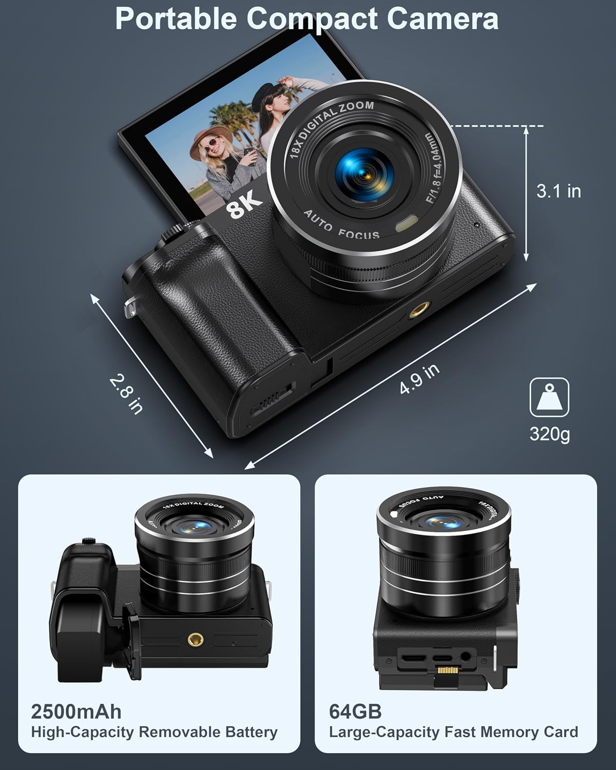 8K Digital Camera, 88MP Cameras for Photography, Vlogging Camera for YouTube with 3' 180° Flip Screen, 18X Zoom UHD Autofocus Video Camara with Lens Hood, 64GB Card