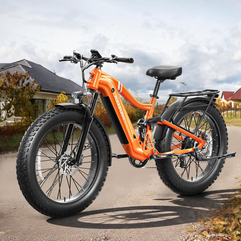 PUCKIPUPPY Boxer Electric Bike for Adults 960W, 48V 20AH Battery Ebike, Full Suspension 26' Fat Tire E Bike, 28MPH 80Miles Range Mountain Electric Bicycle, 7 Speed Hydraulic Disc Brakes