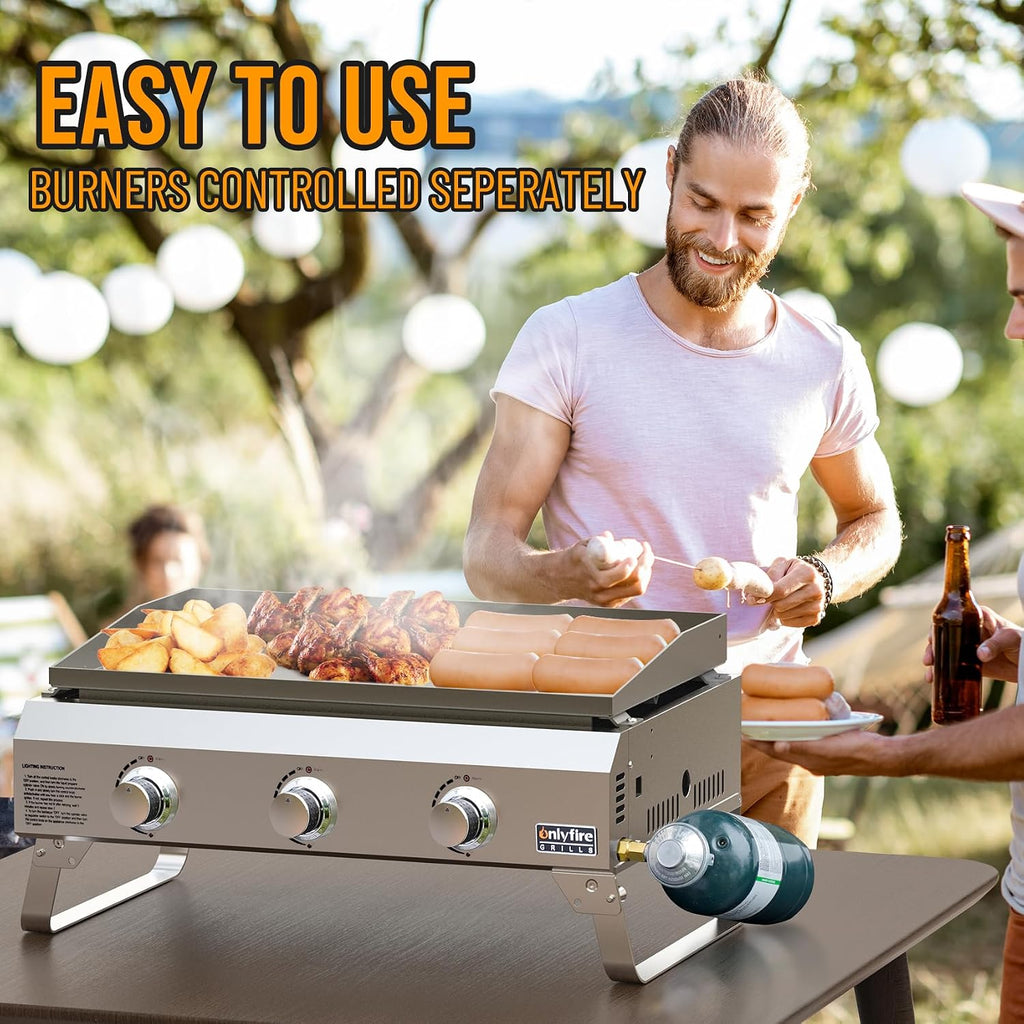 ONLYFIRE GRILLS Tabletop Gas Griddle 3-Burner, Portable Propane Gas Flat Top Griddle 315 SQ.IN Cooking Area, Outdoor Barbecue Stove for Patio BBQ Camping Tailgating RV, Stainless Steel, Classic GS311