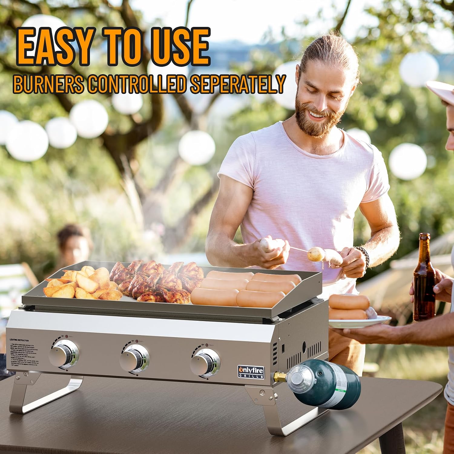 ONLYFIRE GRILLS Tabletop Gas Griddle 3-Burner, Portable Propane Gas Flat Top Griddle 315 SQ.IN Cooking Area, Outdoor Barbecue Stove for Patio BBQ Camping Tailgating RV, Stainless Steel, Classic GS311