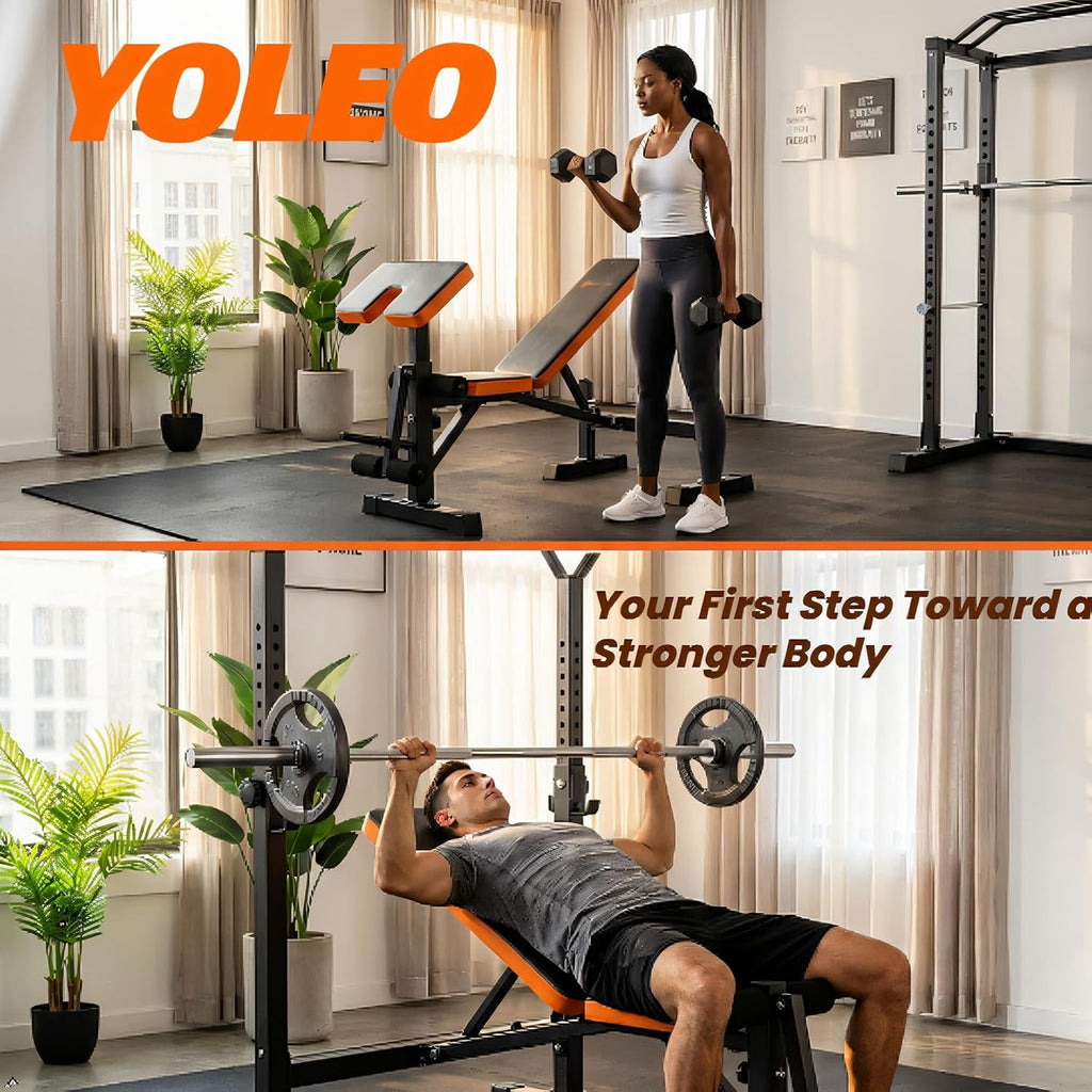 Yoleo Weight Bench with Rack - Bench Press Set, Leg Extension, Preacher Curl & Flat/Incline/Decline Full Body Workout Bench, Adjustable Olympic Weight Benches for Home Gym(47.44IN WIDE GRIP)