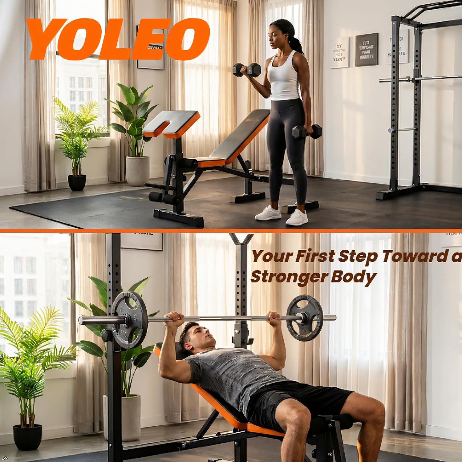 Yoleo Weight Bench with Rack - Bench Press Set, Leg Extension, Preacher Curl & Flat/Incline/Decline Full Body Workout Bench, Adjustable Olympic Weight Benches for Home Gym(47.44IN WIDE GRIP)