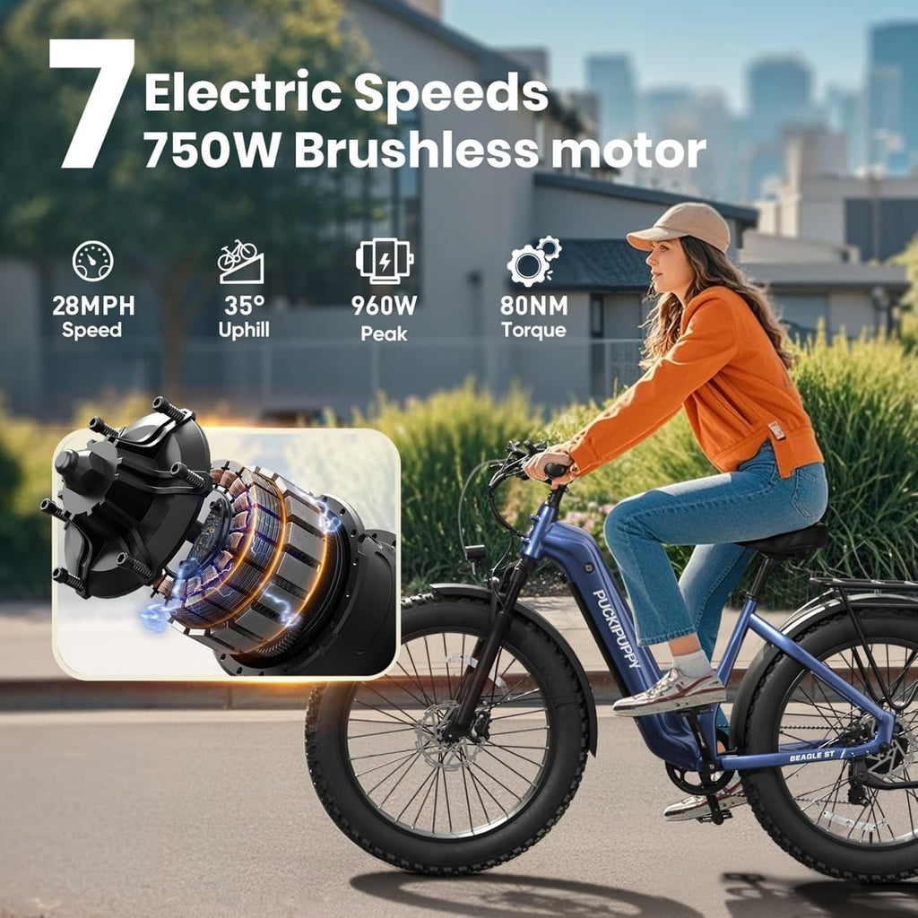 PUCKIPUPPY Electric Bike for Adults with 960W(Peak), 26' Fat Tire Electric Mountain Bike, 48V 15AH Removable Battery Ebike, 28MPH Aluminum Frame E Bike with Rear Storage Shelf