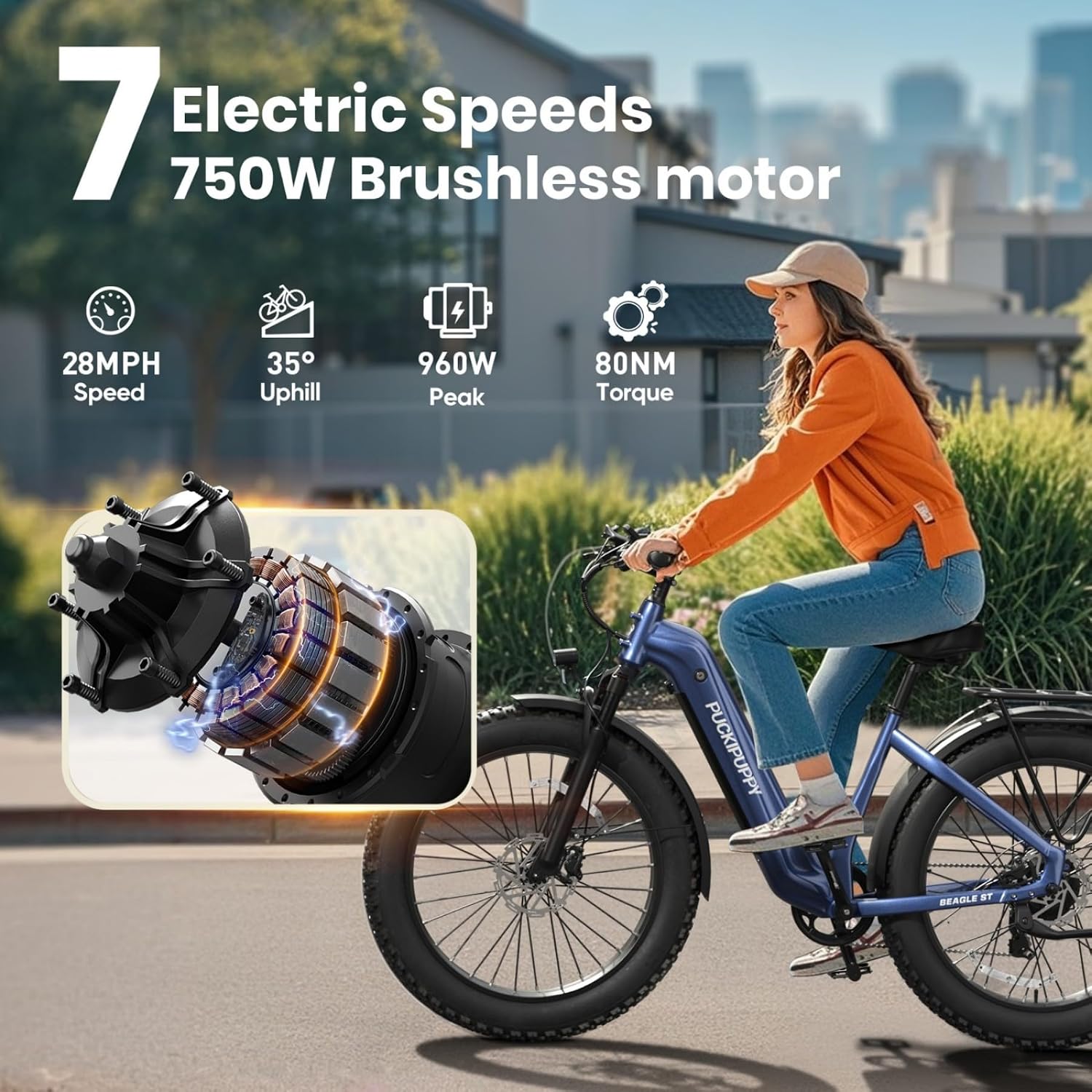PUCKIPUPPY Electric Bike for Adults with 960W(Peak), 26' Fat Tire Electric Mountain Bike, 48V 15AH Removable Battery Ebike, 28MPH Aluminum Frame E Bike with Rear Storage Shelf