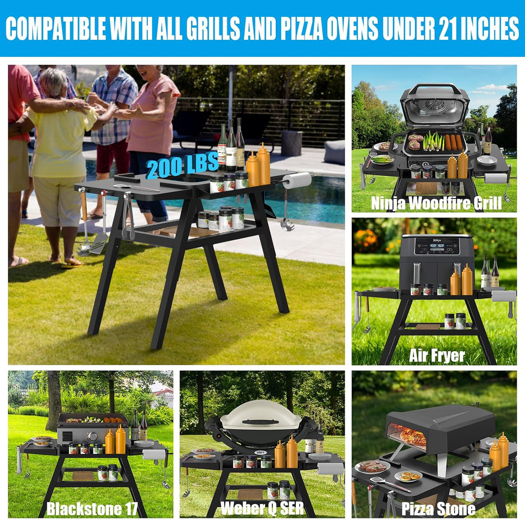 Grill Stand for Ninja Woodfire Outdoor Grills, Portable Adjustable Grill Cart Table for Ninja XSKUNSTAND OG700 OG800 OG900 OO101 Series & for Artisan MO201 Pizza Oven Stand Accessories with Shelves