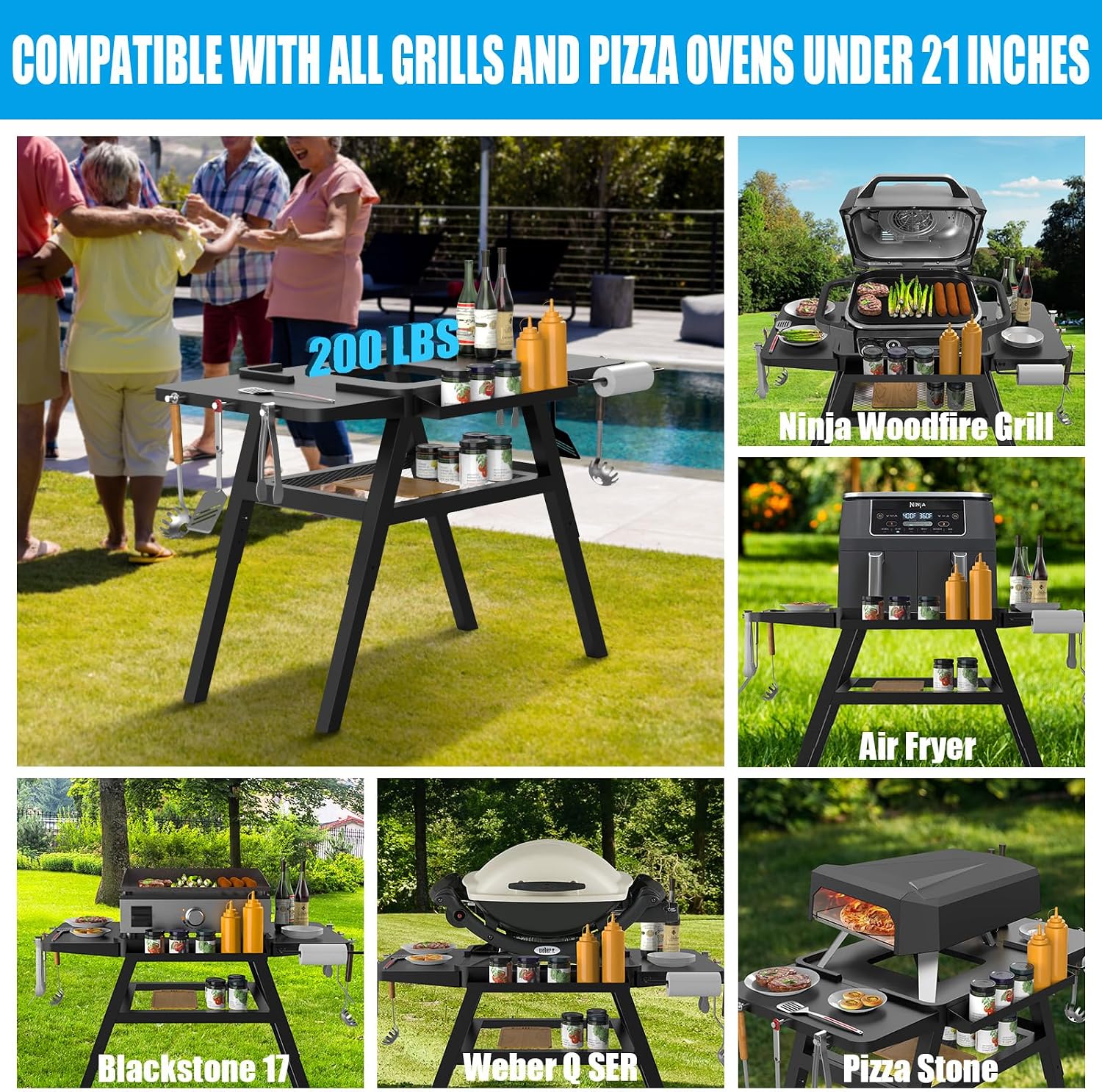 Grill Stand for Ninja Woodfire Outdoor Grills, Portable Adjustable Grill Cart Table for Ninja XSKUNSTAND OG700 OG800 OG900 OO101 Series & for Artisan MO201 Pizza Oven Stand Accessories with Shelves