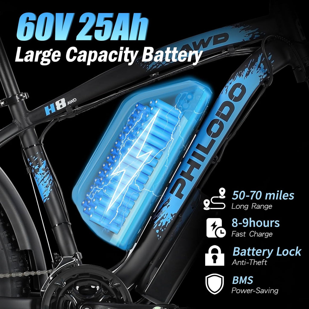 5000w Dual Motor Electric Bicycles, 60V Battery E-Bike with 45 MiIe P-Hour Electric Bike for Adults, 26 Fat Tire Hunting Ebike for All Terrain, Full Suspension Electric Ebike
