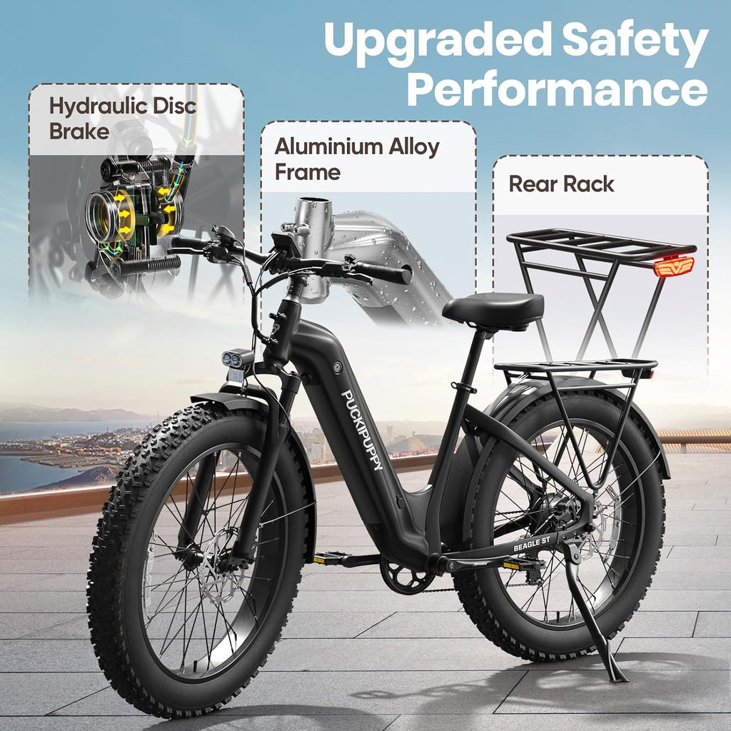 PUCKIPUPPY Electric Bike for Adults 960W, 26' Fat Tire, Step-Through Design Electric Mountain Hunting Bike, 48V 15AH Max 28MPH Off-Road Ebike with Rear Storage Shelf