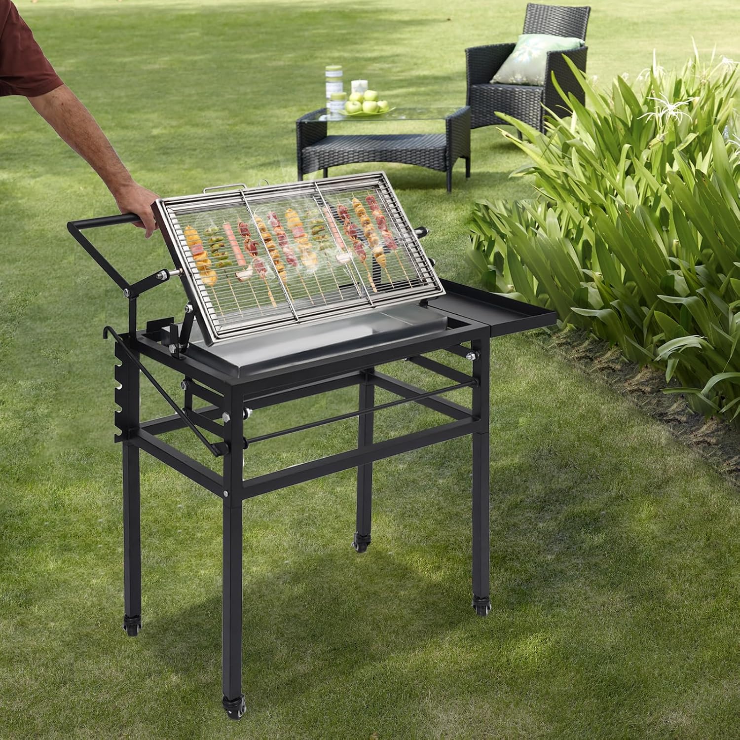 Charcoal Grills Commercial Quality, Heavy Duty Square Outdoor Portable Grillwith 360 Degrees Reversible Cooking Grid & Removable Tray & Adjustable Height.360' Rotating Cooking Grid