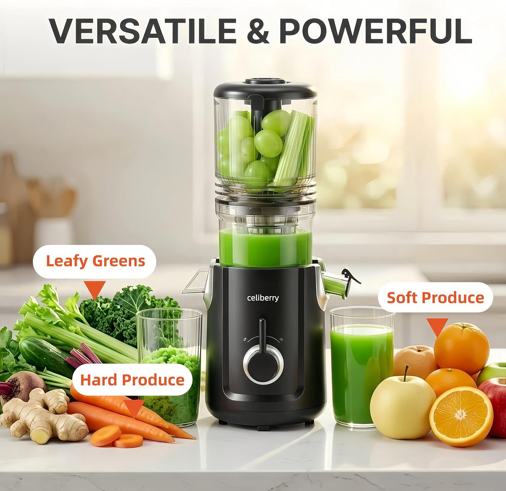 Cold Press Juicer Machines, 5.3' Large Feed Chute Slow Masticating Juicer for Whole Fruits & Vegetables, Easy Clean, 300W Quiet Juice Extractor, 99% High Juice Yield, Black