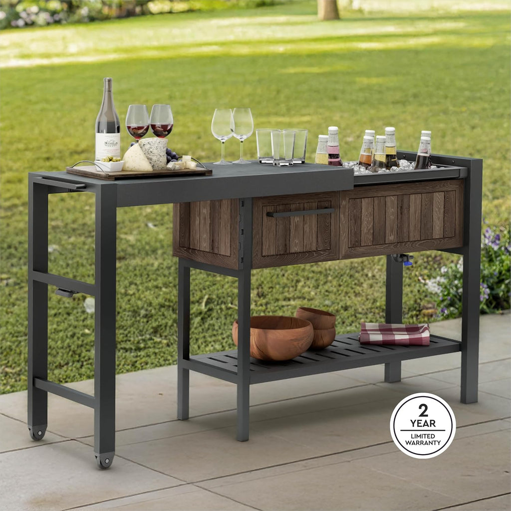 Keter Extendable Outdoor Bar Cart with Hidden Cooler, Storage Drawers & Prep Surface – Mobile Patio Serving Station with Drainage Kit & Hidden Wheels for Backyard, Garden & Poolside Entertaining
