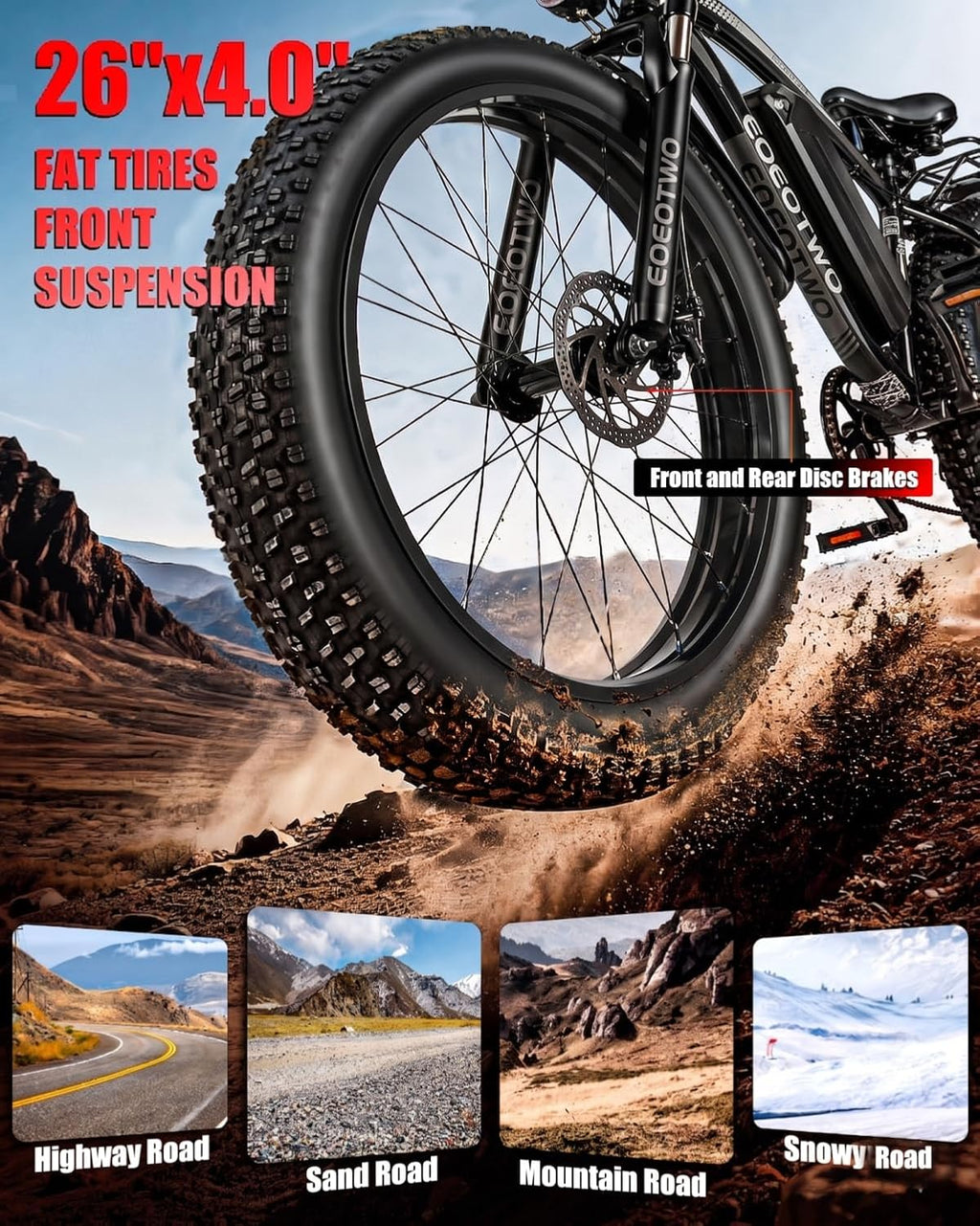 Electric Bike for Adults,1500W Peak Motor E Bikes, 26' Fat Tire Electric Bicycle, 28+ MPH 60 Miles Electric Mountain Bike, Removable Battery, Dual Brake, 7 Speed