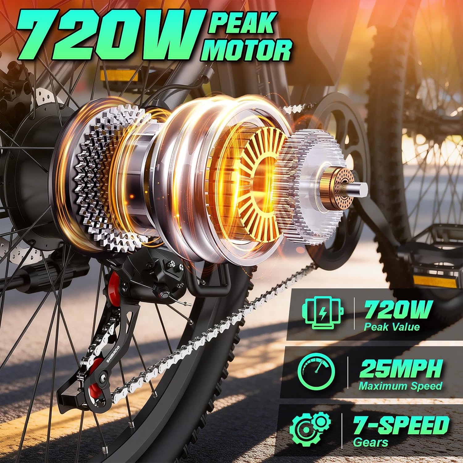 Electric Bike for Adults, 26' Commuter Ebikes with 7-Speed Gears, 25MPH Lightweight E Bike, 720W Peak Motor, 375Wh Removable Battery, 50 Miles Range, Electric Mountain Bicycle for All Terrain
