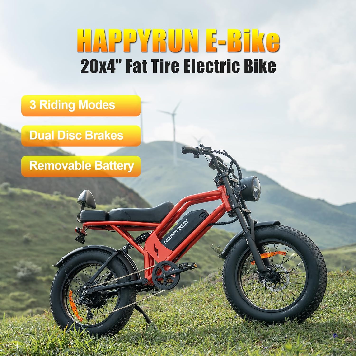 HAPPYRUN 1500W Electric Bike for Adults, 48V 18Ah Removable Battery, 20' Fat Tire E-Bike, 32MPH & 68+ Miles Range, 7-Speed Transmission, All-Terrain Mountain Ebike for Men & Women
