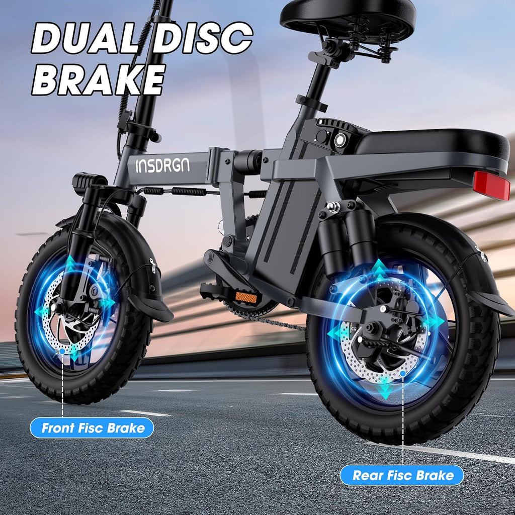 INSDRGN Electric Bike for Adults and Teens,14' Folding Adult E Bike with 650W Peak Motor,20MPH,28Miles Range,Advanced 9-Point Suspension & Dual Disc Brake,Removable Battery,UL 2849 Certified