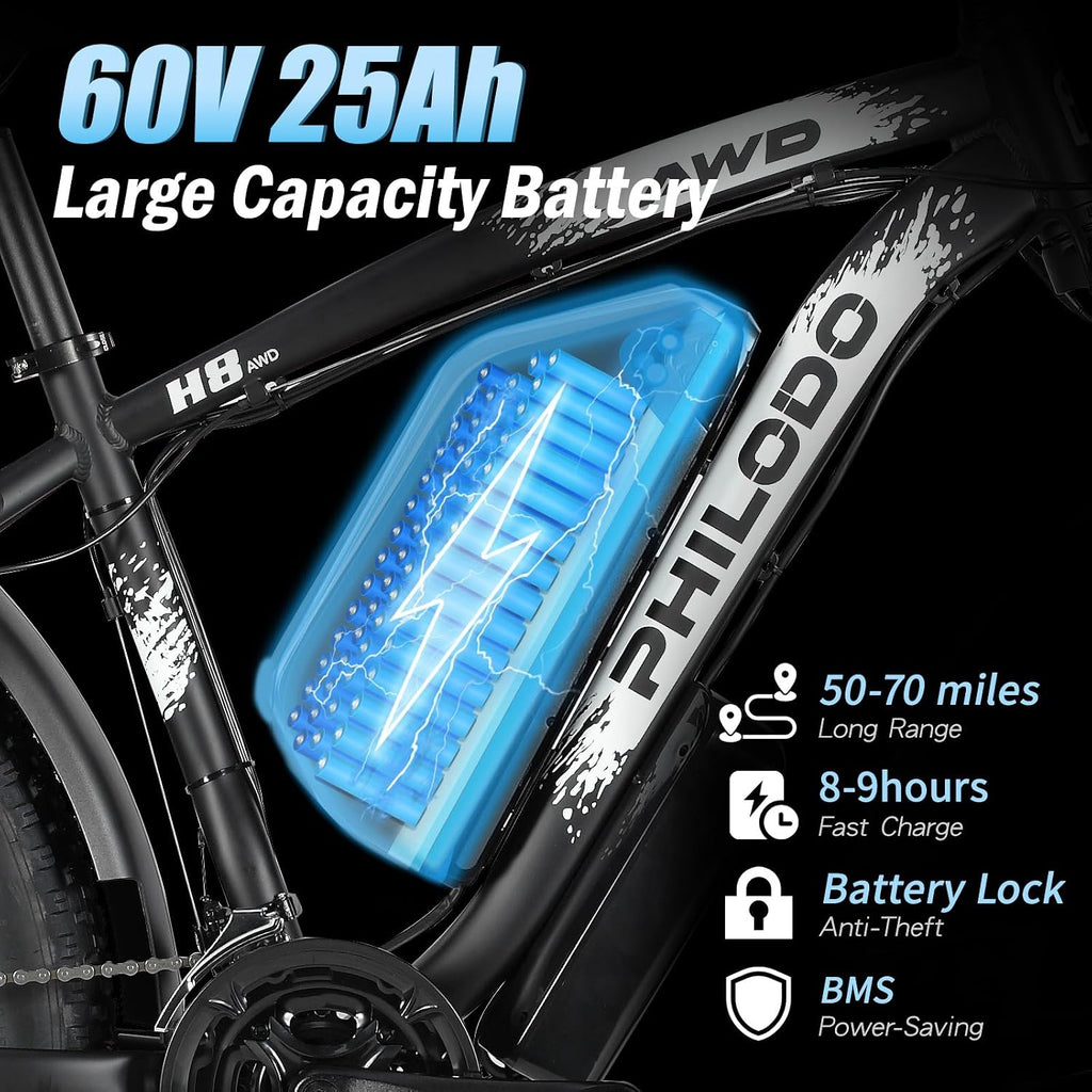 5000w Dual Motor Electric Bicycles, 60V Battery E-Bike with 45 MiIe P-Hour Electric Bike for Adults, 26 Fat Tire Hunting Ebike for All Terrain, Full Suspension Electric Ebike