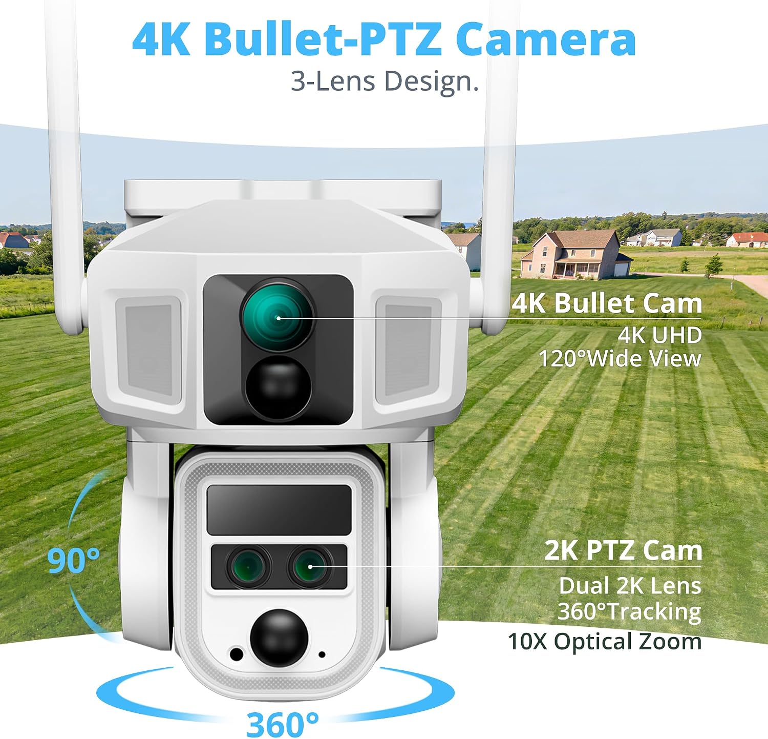 4G Cellular Security Camera, 4K Wireless Outdoor Solar Cam 3 Lens, LTE or WiFi 2 Mode, 10x Optical Zoom, 360° PTZ AI Tracking, Local Storage & 64G SD Card Included, 12000mAh 9W Bullet-PTZ Cam