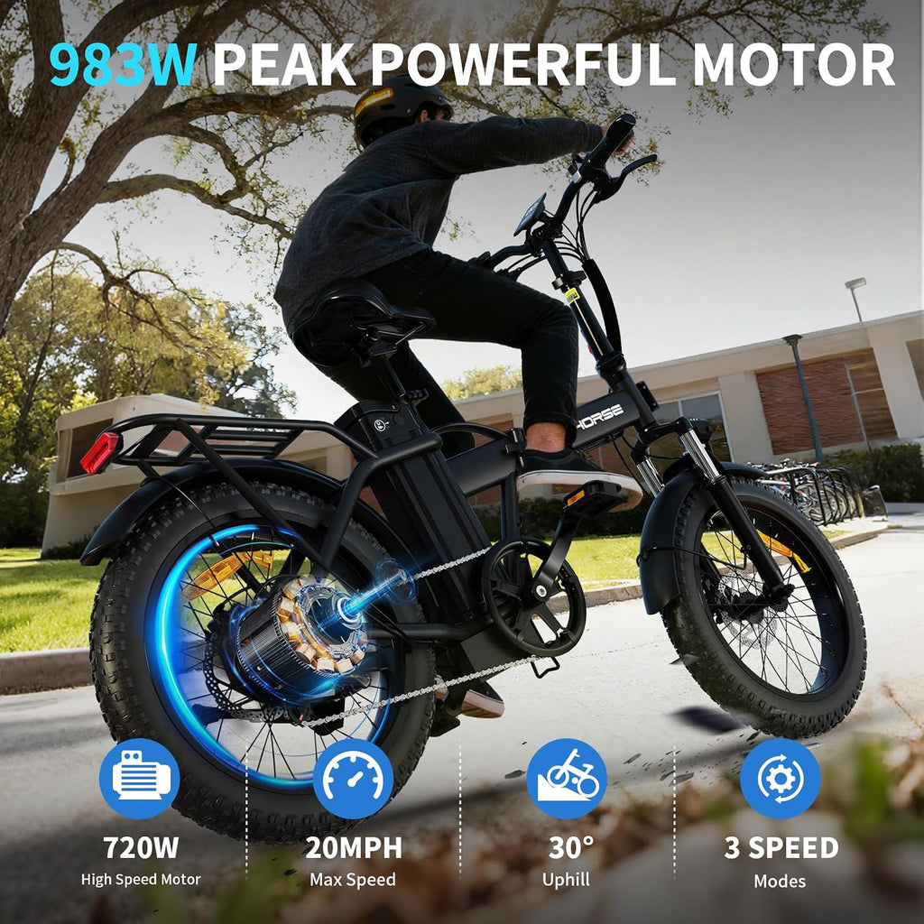 Foldable Electric Bike, Peak 983W Motor Ebike, 40-70 Miles & 20 MPH, 48V Removable Battery, 20' Fat Tire All-Terrain Electric Bicycle for Adults with 7-Speed, Suspension, Rear Rack, UL2849 Certified