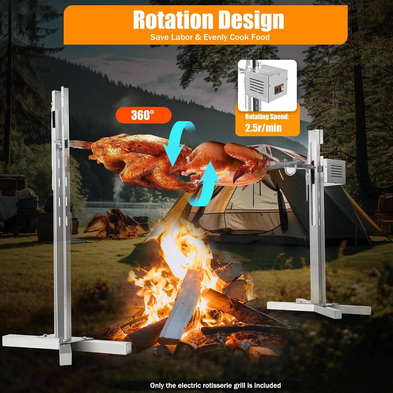 53' Electric Rotisserie Grill Kit, 88.18lbs Capacity Large Spit Roaster BBQ Grill 360° Rotatable Outdoor Picnic Cooker Grill 25W with Adjustable Height, for Outdoor Camping Party