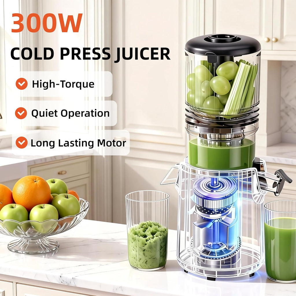 Cold Press Juicer Machines, 5.3' Large Feed Chute Slow Masticating Juicer for Whole Fruits & Vegetables, Easy Clean, 300W Quiet Juice Extractor, 99% High Juice Yield, Black