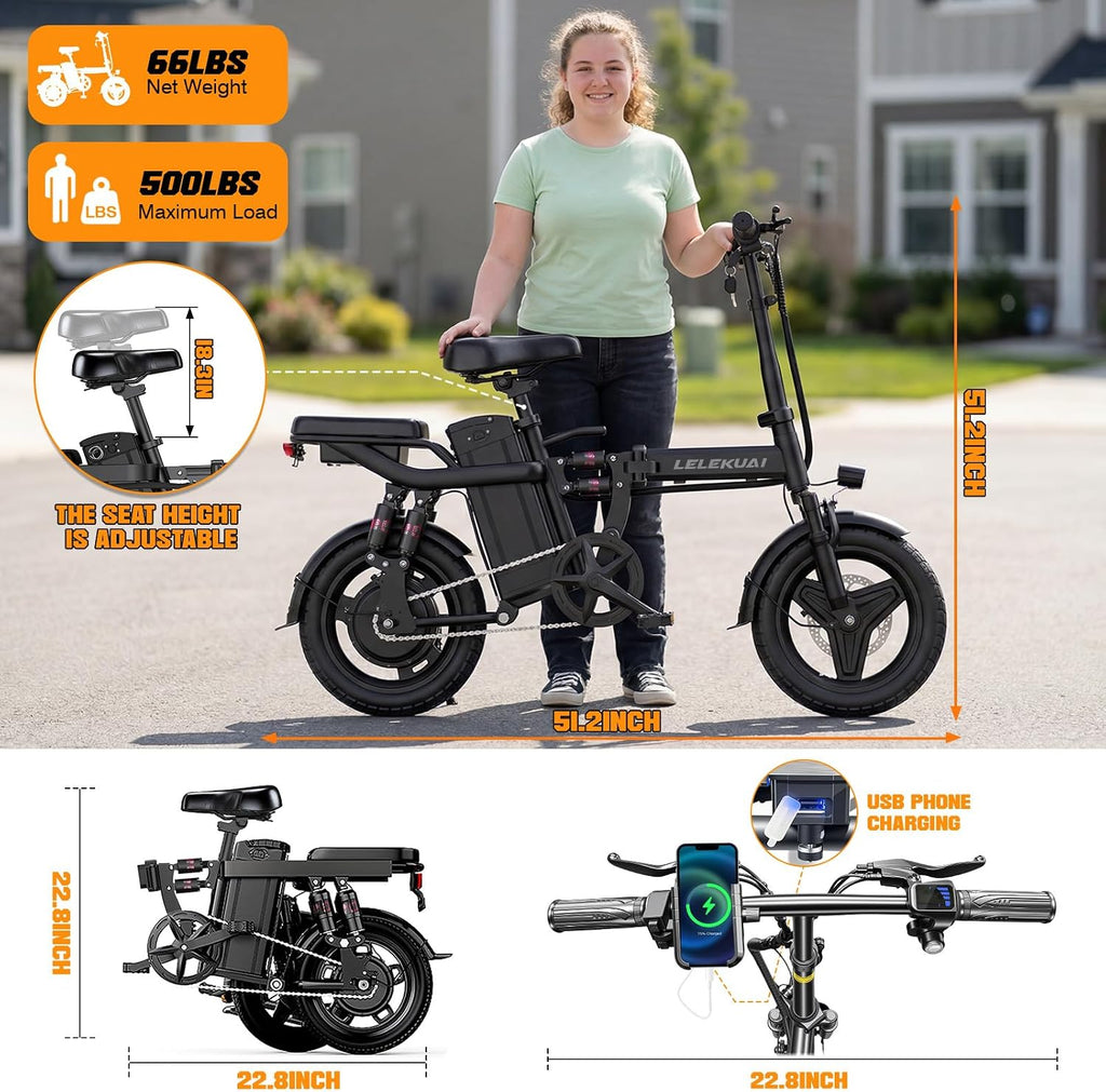 LELEKUAI Electric Bike for Adults, 1200W Peak Motor Commuter Ebike, 20-28MPH Speed, 32 Miles Range, Removable Waterproof Battery, Dual Disc Brakes Electric Bicycle, UL 2849 Certified