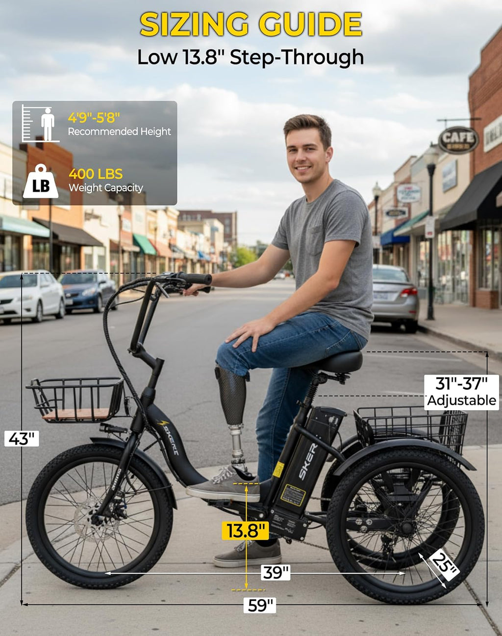 Skeri Electric Trike, Peak 1000W Electric Tricycle for Adults, 20' Folding 3-Wheel Electric Bike, Step-Thru E Trike with 624WH Removable Battery and Large Basket, Black