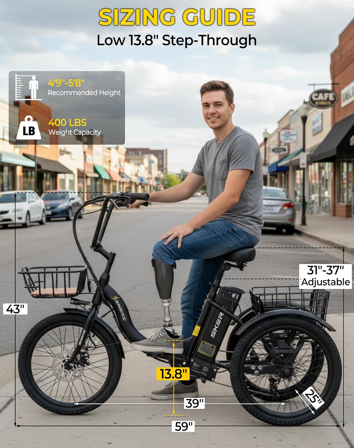 Skeri Electric Trike, Peak 1000W Electric Tricycle for Adults, 20' Folding 3-Wheel Electric Bike, Step-Thru E Trike with 624WH Removable Battery and Large Basket, Black