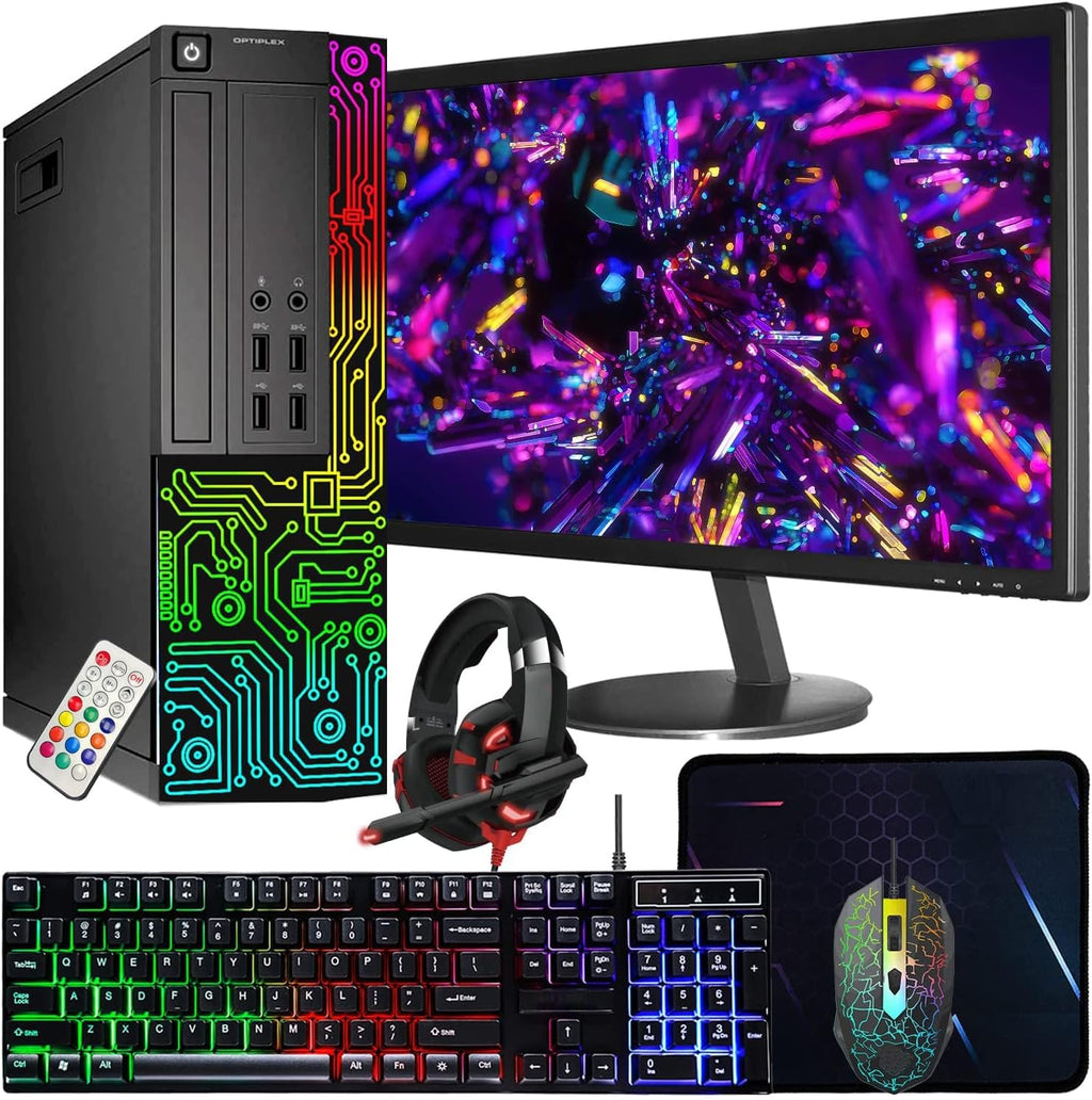Dell OptiPlex Desktop RGB Computer PC, Intel Core i7 Processor, 16GB RAM, 512GB SSD, 24 Inch HDMI Monitor, RGB Keyboard Mouse and Headset, WiFi, Windows 11 Pro (Renewed)