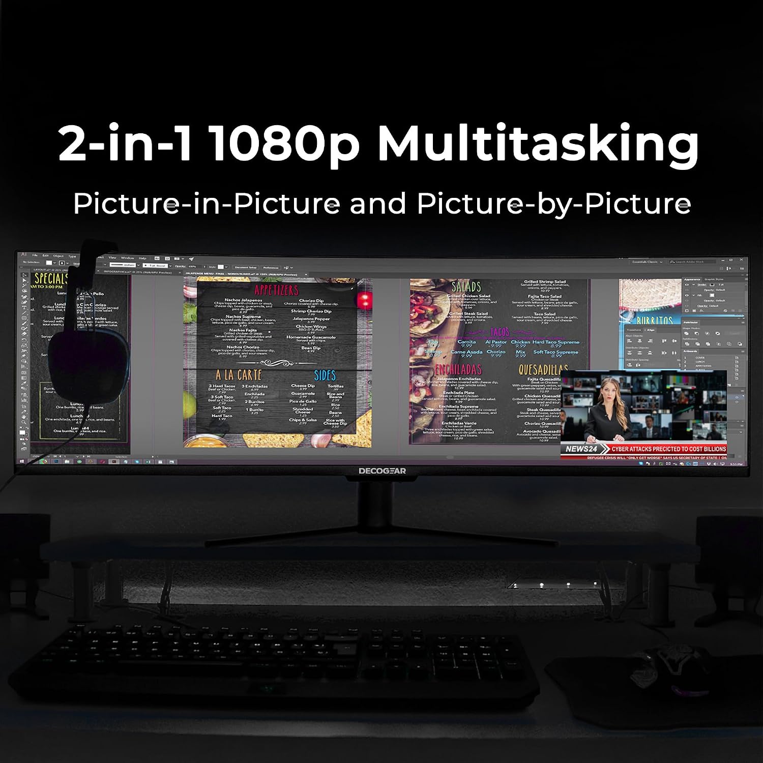Deco Gear 49' Ultrawide Curved Monitor, 144Hz 32:9 Dual FHD 3840×1080, R1500, 3000:1 VA Super Wide Screen, Adaptive Sync, HDR400, USB-C 65W, 3ms, HDMI/DP, PBP/PIP KVM Work Gaming Display, Laptop & PC
