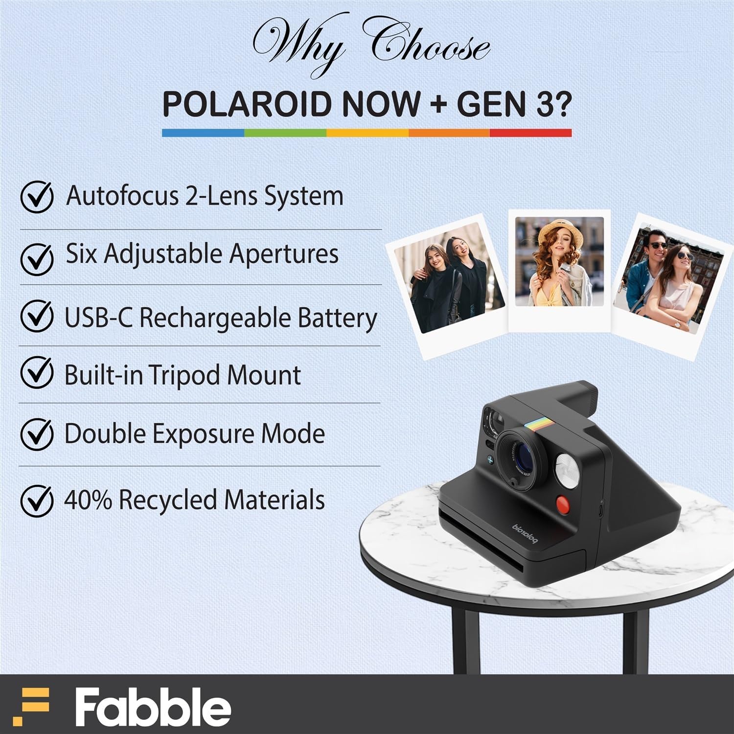 Polaroid Now+ Generation 3 I-Type Instant Film Camera (Black) Bundle with Polaroid Color I-Type Film (8 Exposures), Hard Protective Case and USB-C 6 ft. Cable