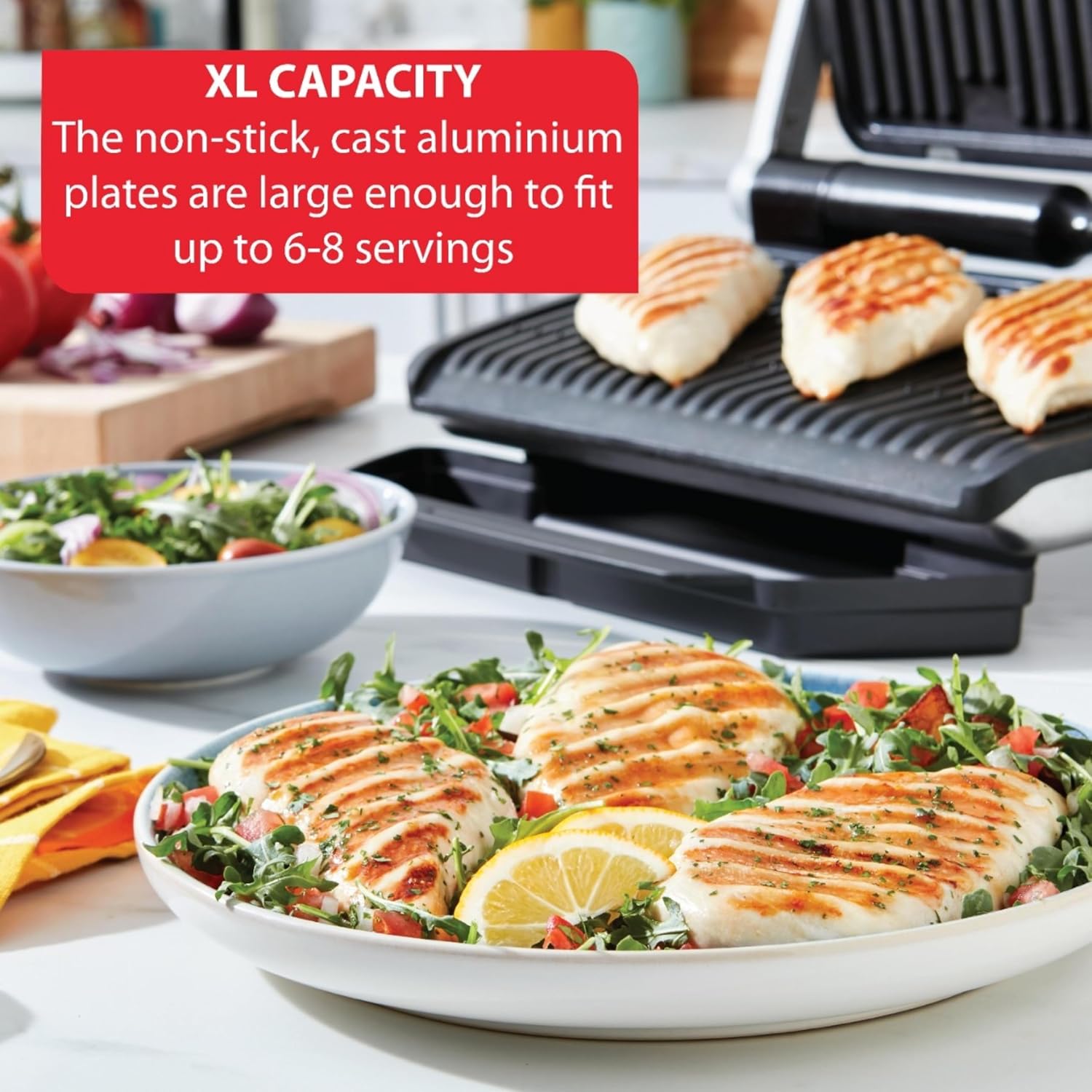 T-Fal OptiGrill Stainless Steel XL Electric Grill, 6 Servings, 9 Intelligent Automatic Cooking Modes, Panini Press, 1800 Watts, Nonstick Removable Plates, Indoor, Frozen Food, Kitchen Appliances