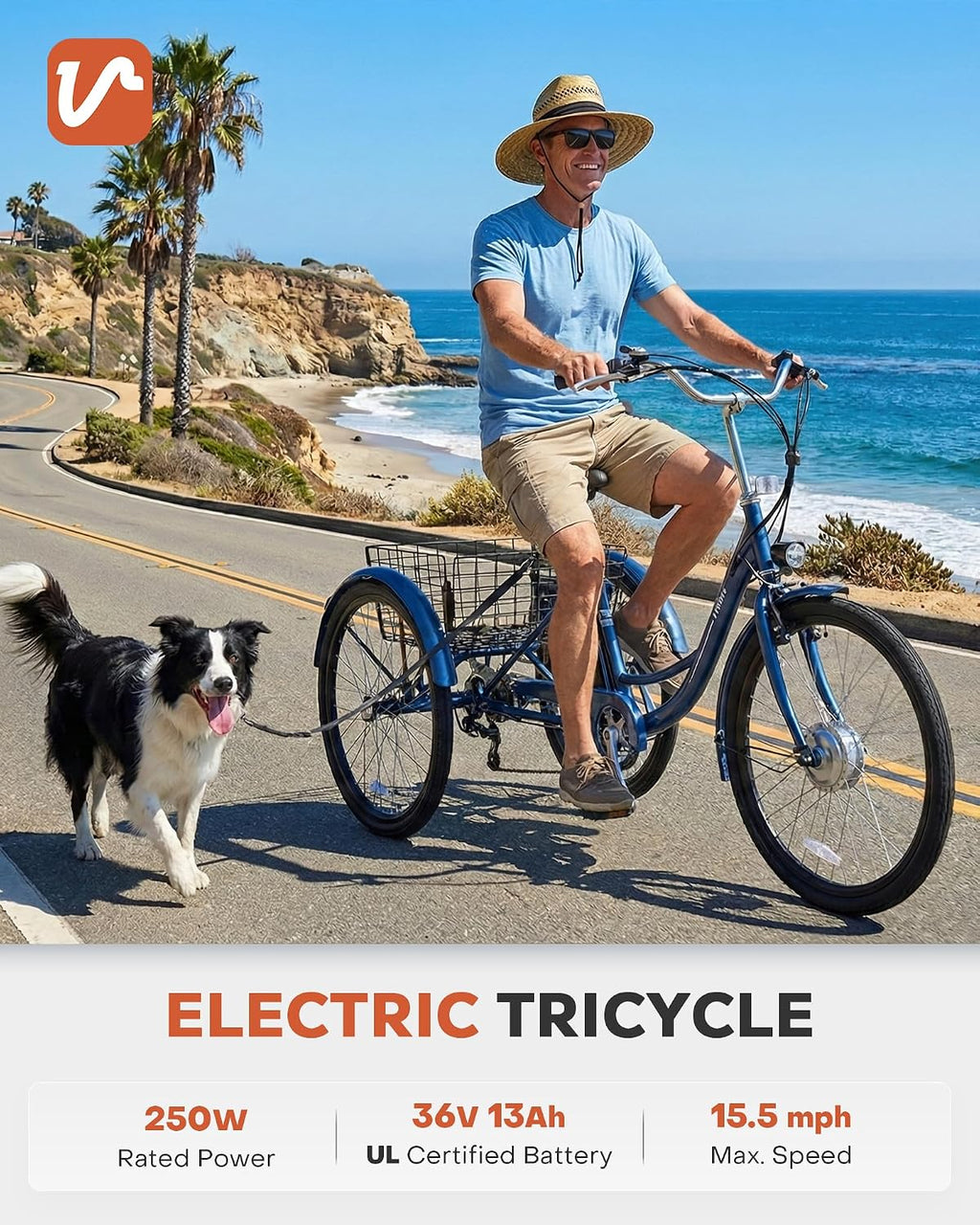 VIRIBUS Electric Tricycle for Adults, 24 26 inch Electric Trike with 468Wh Removable Battery, 250W/350W(Peak 500W) 3 Wheel Electric Bikes for Seniors, Motorized Adult Tricycles Women Men 330 lb.