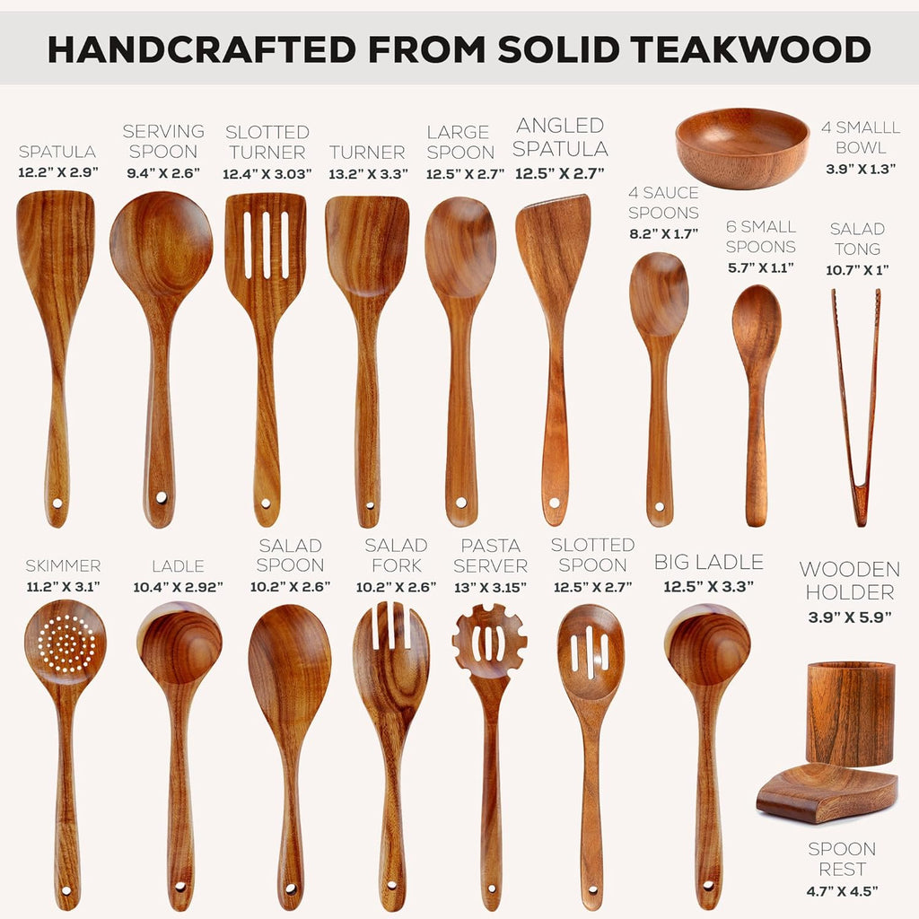 Zulay Kitchen 30-Piece Teak Wooden Utensils - Natural Teak Cooking Utensils with Premium Gift Box - Non-Stick Wooden Spoons - Kitchen Gift Set - Comfortable Grip