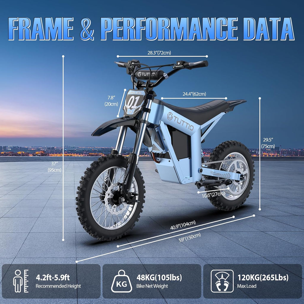 Tuttio Soleil01-GB E-Dirt-Bike - Peak 3000W 37MPH 200NM Electric-Bike with 48V 21Ah Battery, 14'/12' Fat Tire Electric Motocycle with Dual Suspension, Off-Road Ebike for Adults-Teens (USA Warehouse)