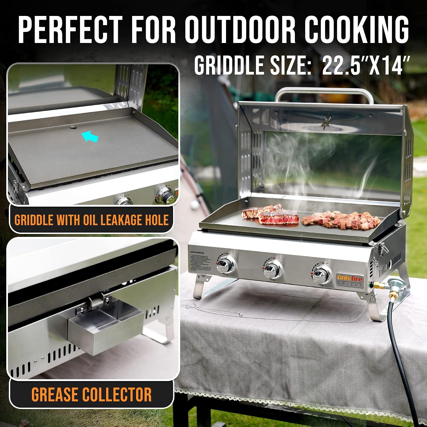 ONLYFIRE GRILLS Tabletop Gas Griddle with Foldable Legs, Portable 3-Burner Propane Gas Grill Griddle Flat Top for Outdoor Cooking Patio Barbecue Camping Tailgating RV BBQ, Stainless Steel, #GS309