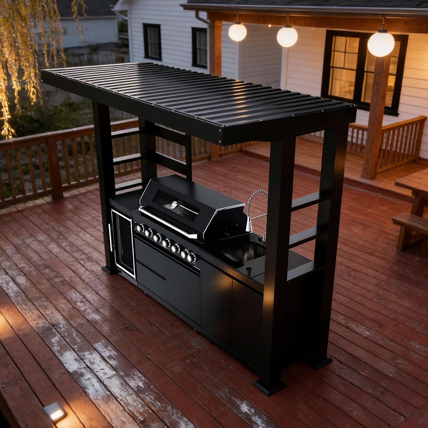 108-Inch 6-Burner 85000 BTU Propane Gas Grill Island with Shed, 304 Stainless Steel Black, 684 Sq.In Cooking Area, Wine Cooler, Rotisserie & Granite Countertops for Backyard BBQ, Black