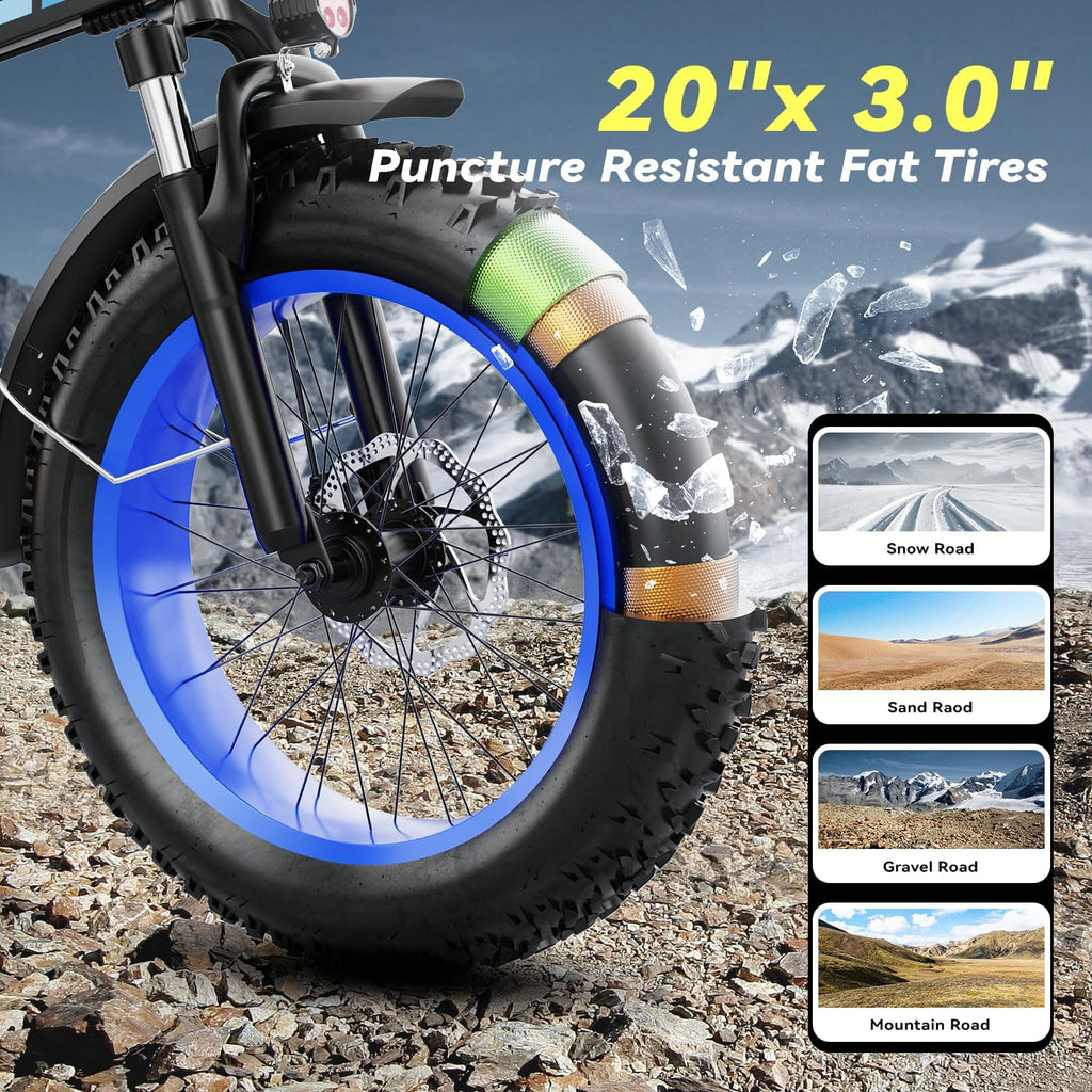 Foldable Electric Bike for Adults, 48V 20Ah Removable Lithium Battery up to 80Miles, 20' Fat Tire 1000W Peak Motor Dirt Ebike Adult Electric Bicycle for Commute Beach Mountain E Bike