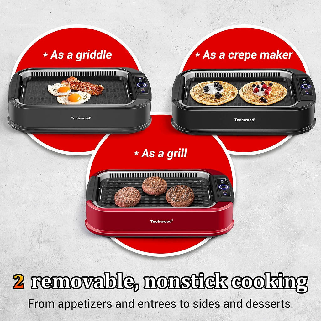 Indoor Smokeless Grill, Techwood 1500W Electric Indoor Grill with Tempered Glass Lid, Portable Non-stick BBQ Korean, Turbo Smoke Extractor Technology, Drip Tray& Double Removable Plate, Black