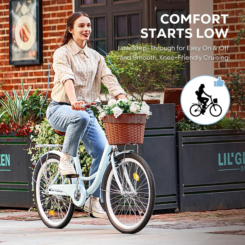 VIRIBUS Beach Cruiser Bike for Women, Single Speed Womens Bike with Basket & Rack 24 26 inch, Retro Step Through Cruiser Bicycle for Petite Short Women Female Ladies City Commuter, 330 lb.