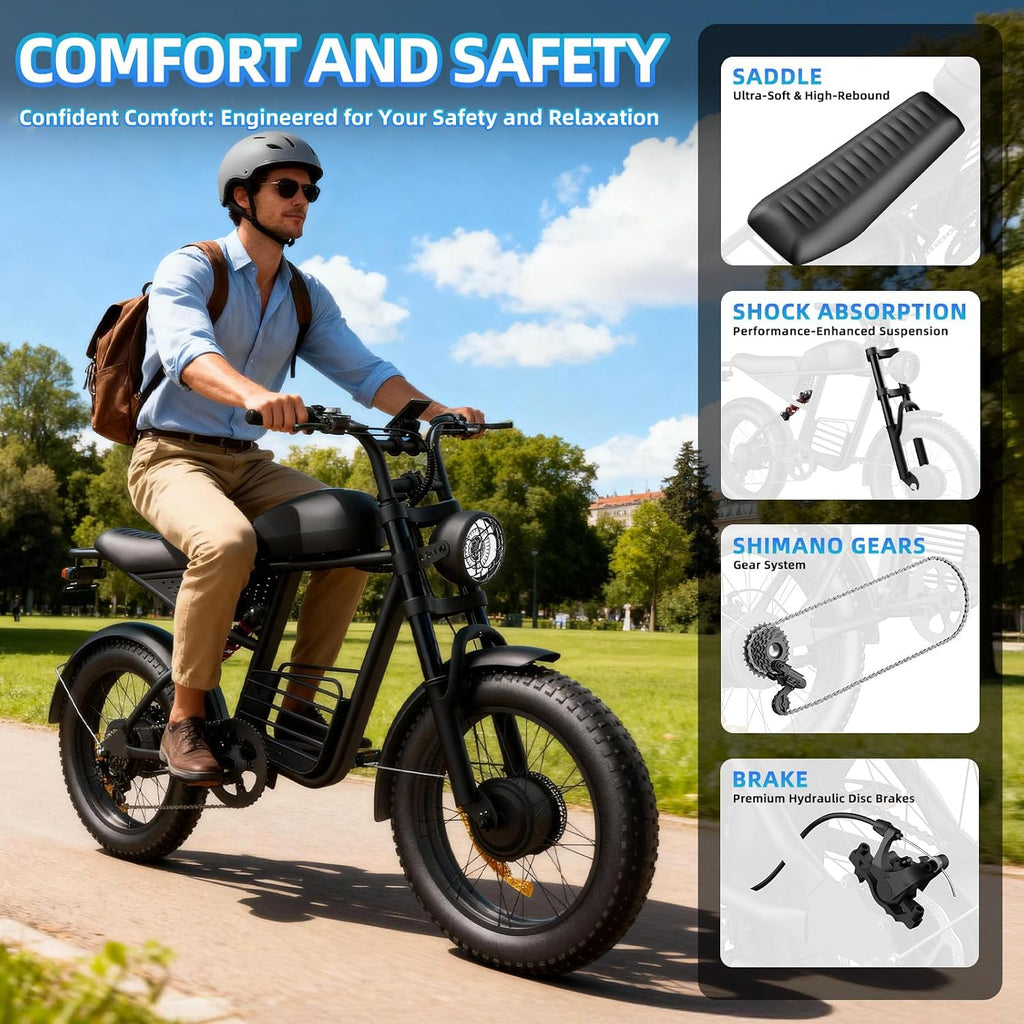 20' Electric Bike for Adults with 1000W/1600W/3000W Peak Dual Motor,Max Speed 33-37MPH,Up to 60Miles,Moped ebikes with 20/35Ah Battery,Shipped from USA Warehouse