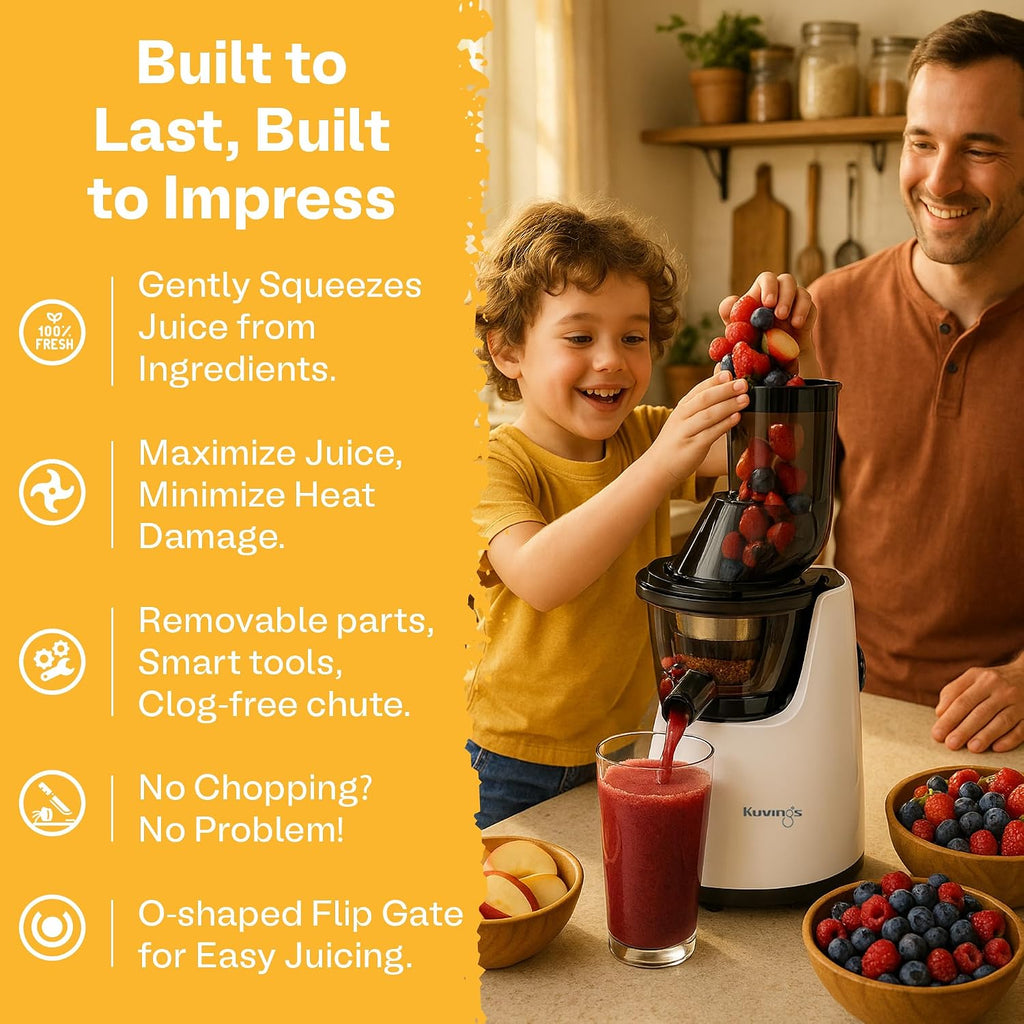 Kuvings Whole Slow Juicer C7000SW - Slow Masticating Juicer Machine with Quiet 240W Motor & BPA-Free Components - 3in Wide Mouth Feed Chute & Removable Hopper for Juices & Sorbets - White