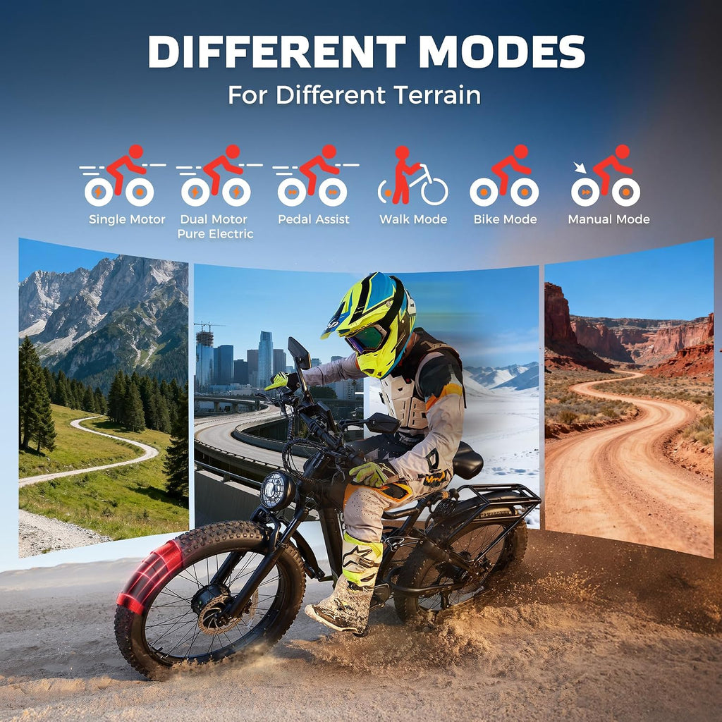 EcoE 7000/9000W Dual Motor Electric Bike for Adults 52MPH Charge Voltage 63 V32A, 26x4 Fat Tire All Terrain Ebikes, Full Suspension E Bike, SHM 7-Speed Gear Electric Bicycle