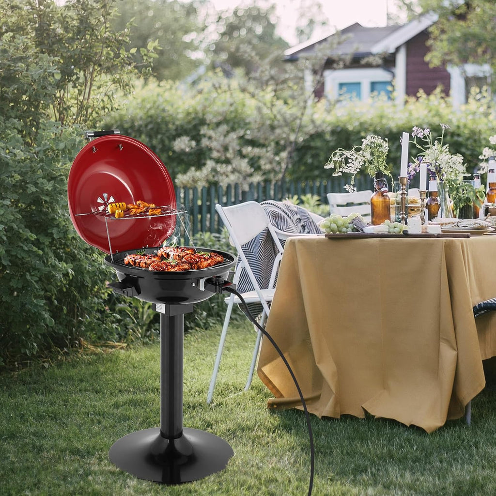 Electric BBQ Grill with Stand, 1600W Portable Indoor Outdoor Electric Grill with Lid and Warming Rack, Double Layer Design, Adjustable Temperature Control, Fits 10 Burgers, Backyard Cooking Red