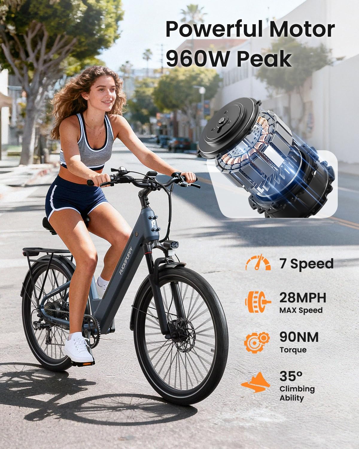 PUCKIPUPPY Parcel+Battery, Electric Bike for Adults 960W, 80Miles 28MPH Commuting Adult Electric Bicycles, 48V15AH Removable Battery Electric Mountain Bike, 7-Speed & LCD Display