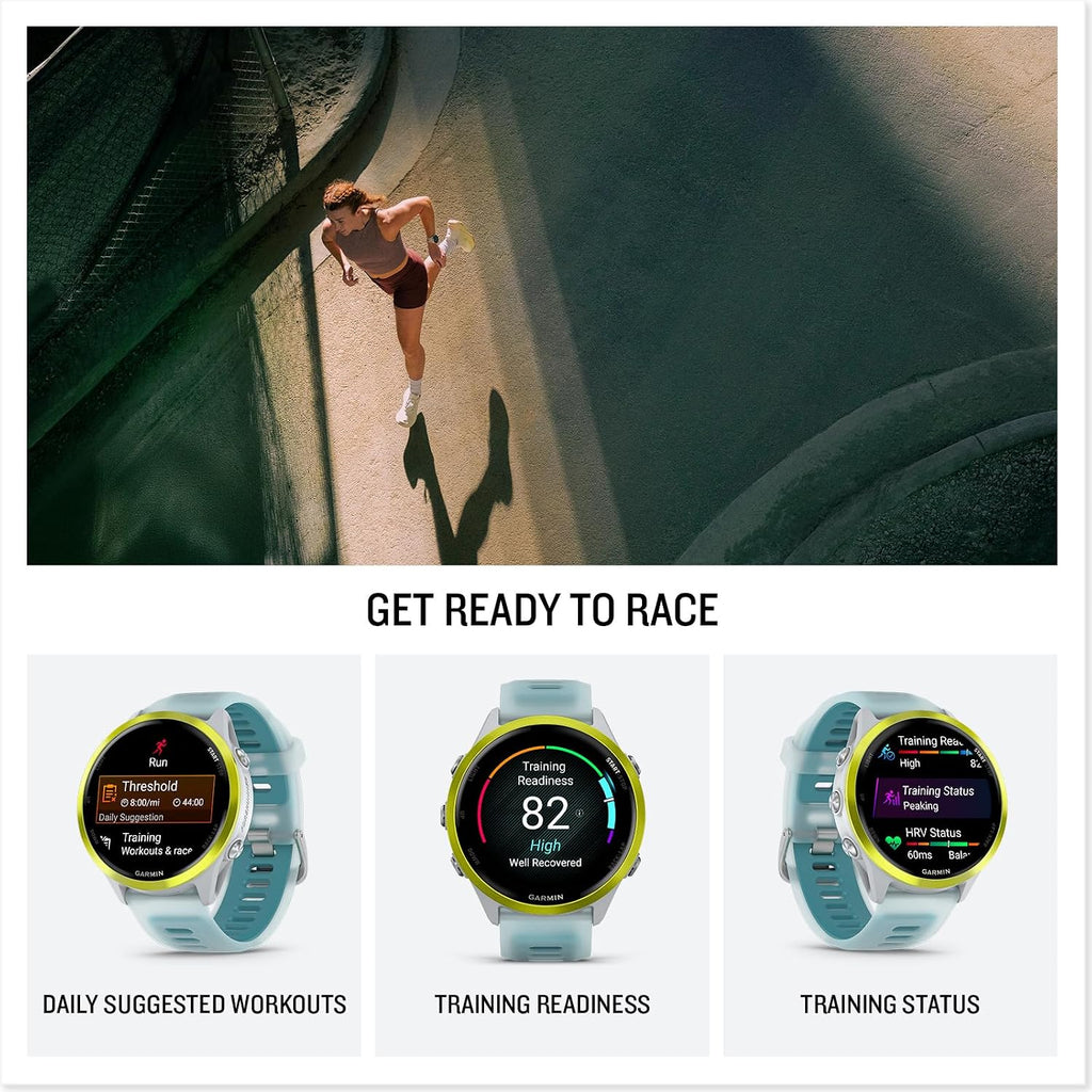 Garmin® Forerunner® 570, 47mm, Advanced GPS Running and Triathlon Smartwatch, AMOLED Display, Training and Recovery Features, Amp Yellow Aluminum with Translucent Whitestone/Turquoise Band