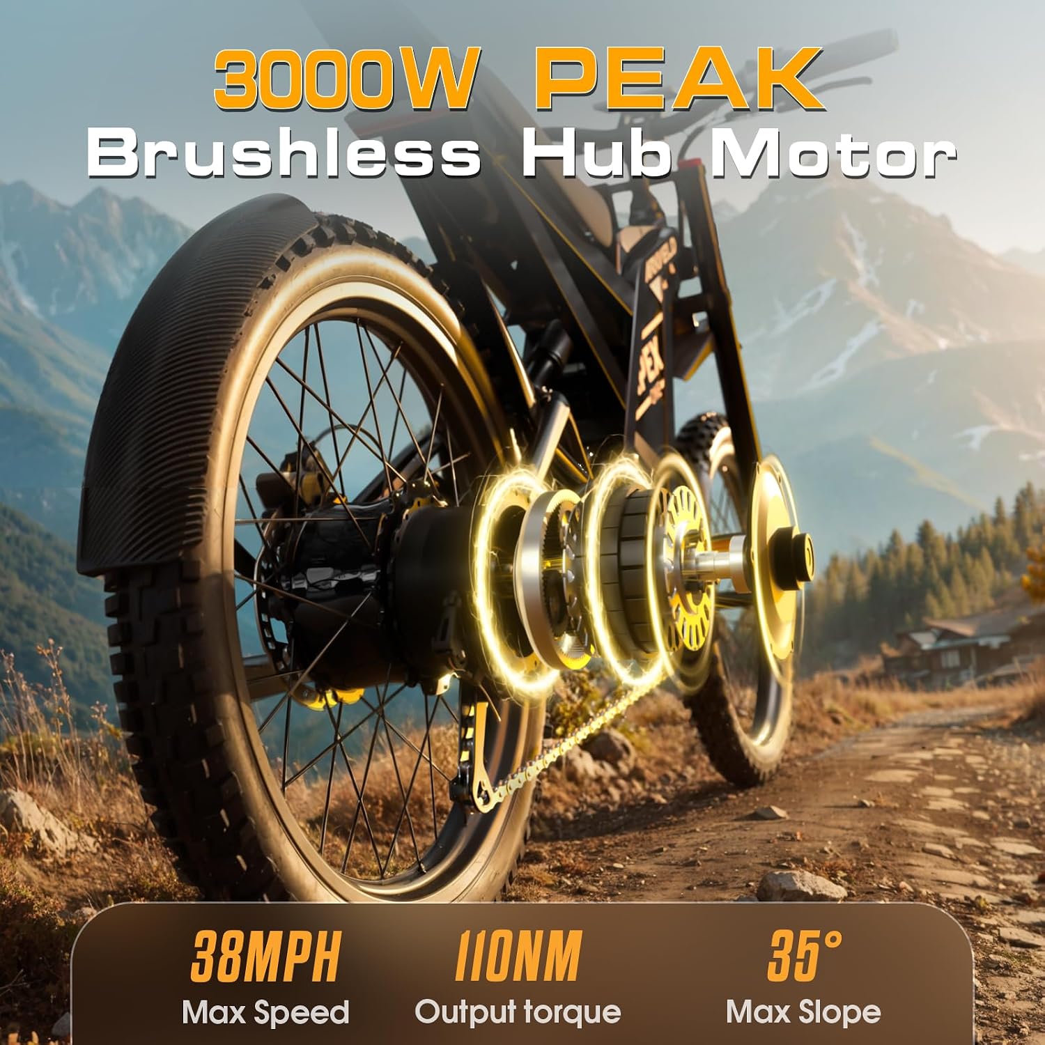Electric-Dirt-Bike for Adults-Mountain-Motorcycle with 1536Wh Battery 32AH, Max 37 MPH and 80Miles Range E-Bike, Peak 3000W Brushless Motor, 25Inch Fat Tire and Front Fork Suspension, Orange