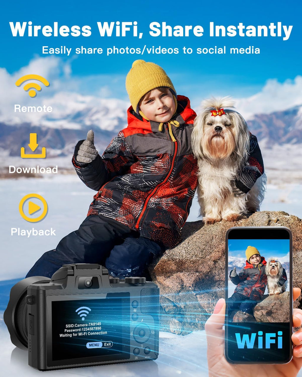 8K Digital Cameras for Photography, 88MP WiFi Vlogging Camera for YouTube Autofocus with 3.2' Touch Screen,Dual Camera,Flash,16X Digital Zoom Travel Cameras Anti Shake with 64GB Card,2 Batteries