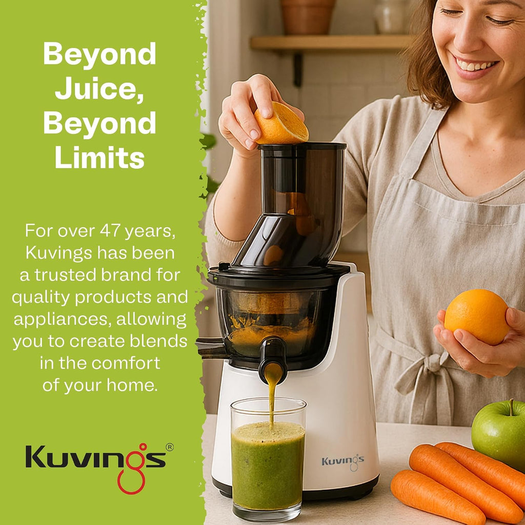 Kuvings Whole Slow Juicer C7000SS - Slow Masticating Juicer Machine with Quiet 240W Motor & BPA-Free Components - 3in Wide Mouth Feed Chute & Removable Hopper for Juices & Sorbets - Silver Pearl