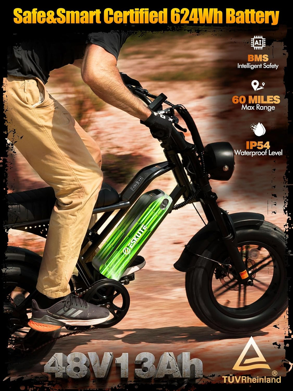 ESKUTE V100 Electric Bike for Adults, Electric Dirt Bike 1500W Peak Motor, All Terrain Dual Suspension E Bike 28MPH Top Speed, Ebike Up to 60 Miles Range, 16' Fat Tire, 48V13Ah Battery, 7-Speed