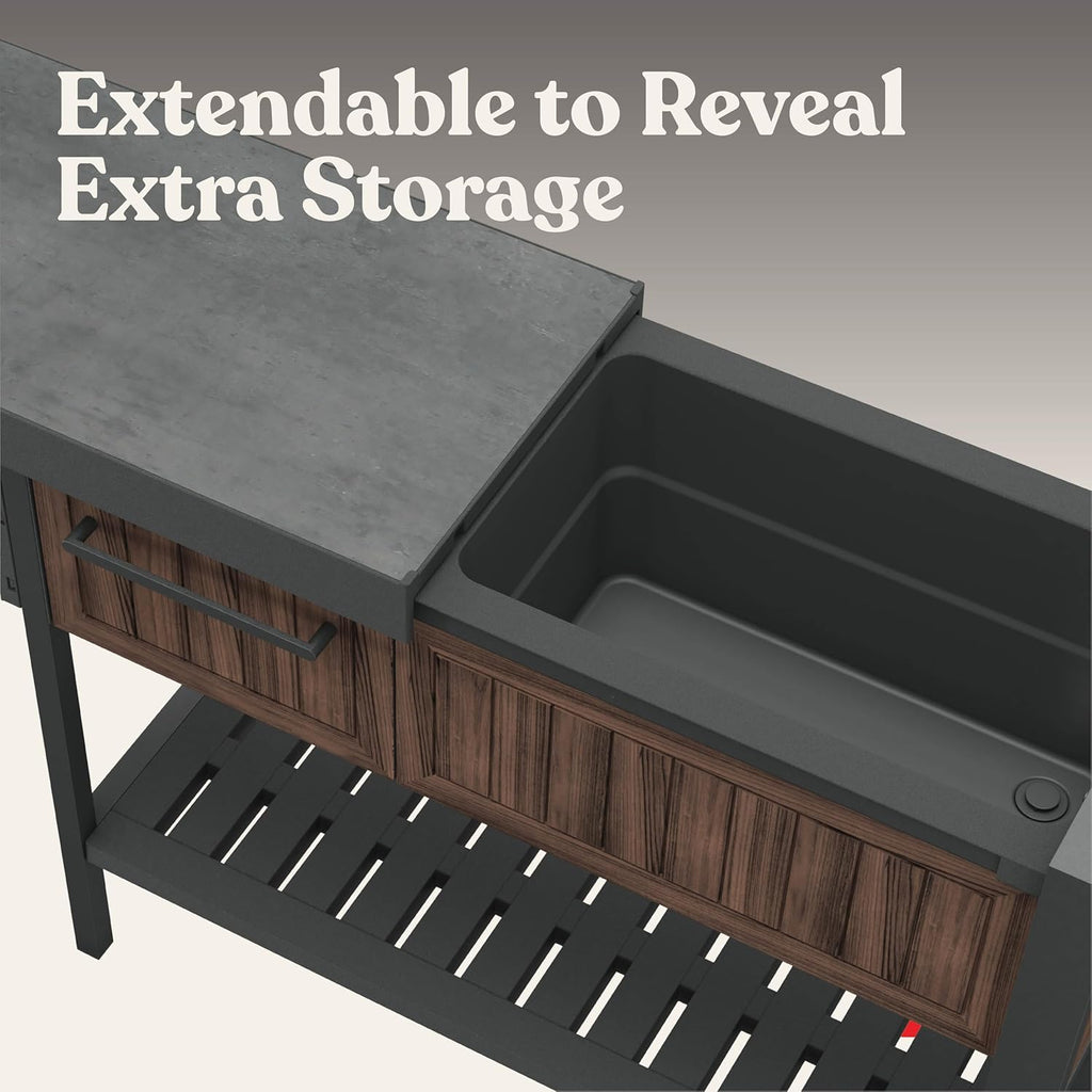 Keter Extendable Outdoor Bar Cart with Hidden Cooler, Storage Drawers & Prep Surface – Mobile Patio Serving Station with Drainage Kit & Hidden Wheels for Backyard, Garden & Poolside Entertaining